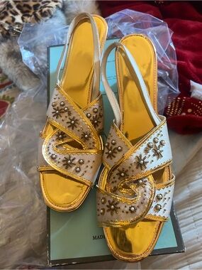 Salvatore Ferragamo White and Gold Beaded Slingback Sandals